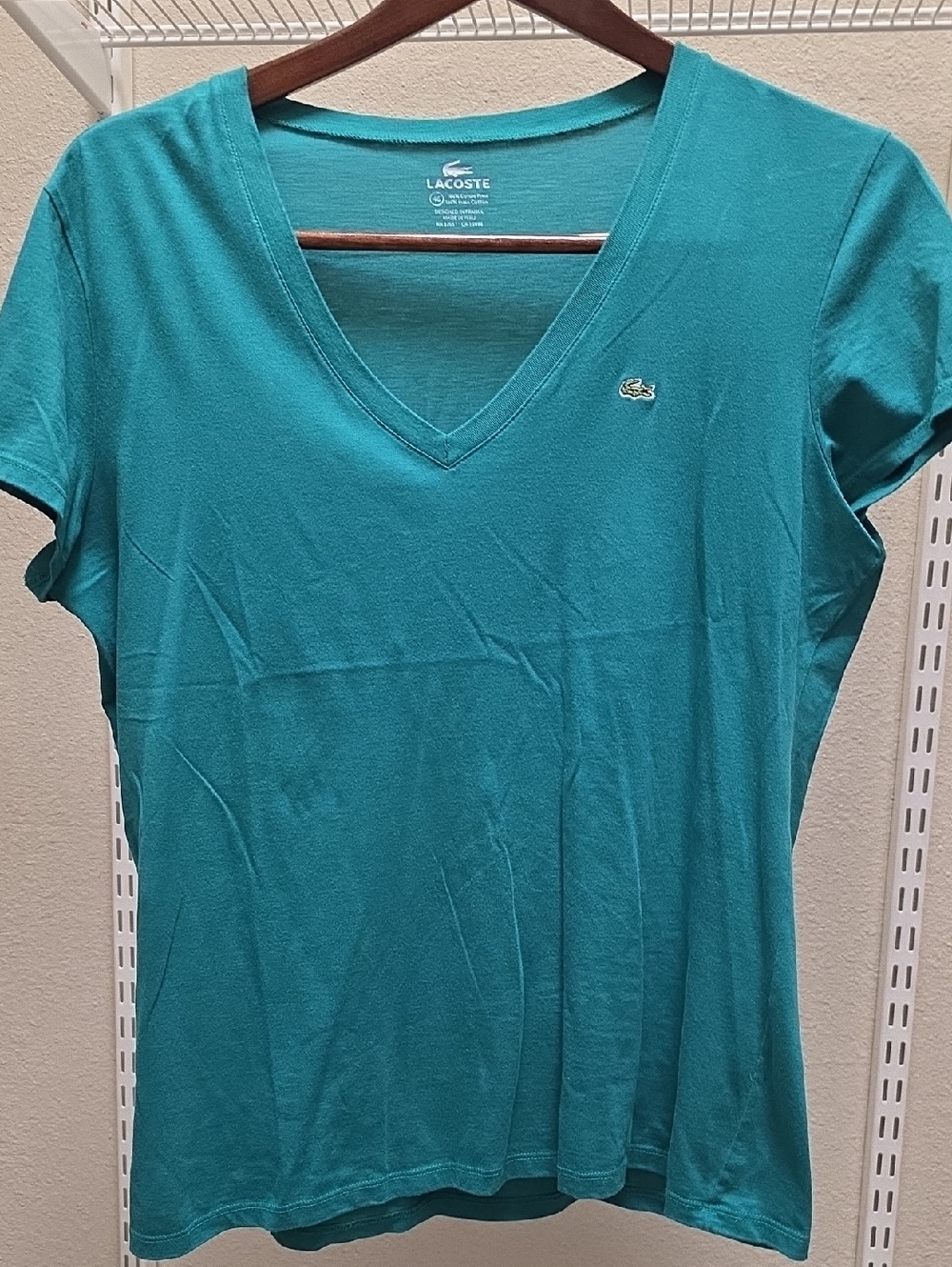 Lacoste Women’s V-Neck Tee in Teal Green